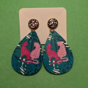 Homemade Hand Painted Pierced Stud Earrings Leopard Pink Teal Print NWT